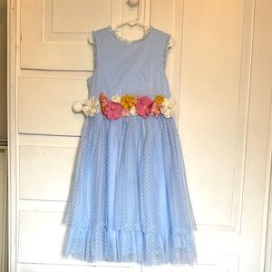 Charming Swiss Blue Dot Mini Boden Dress with Floral Appliques